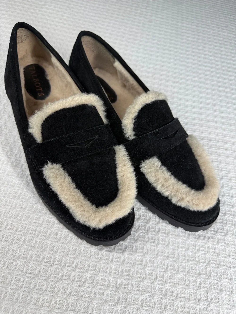 Talbots suede and shearling black loafers size 7
